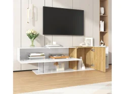 Móvel de TV moderno com alto brilho - 180 x 38 x 48 cm - aparência de madeira + prateleiras de vidro + 2 portas - aglomerado - branco