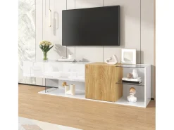 Móvel de TV moderno com alto brilho - 180 x 38 x 48 cm - aparência de madeira + prateleiras de vidro + 2 portas - aglomerado - branco