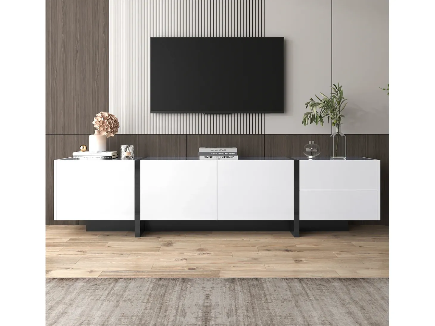 Móvel de TV moderno de 190 cm com 3 portas e 2 gavetas - Branco brilhante e preto