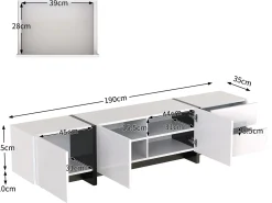 Móvel de TV moderno de 190 cm com 3 portas e 2 gavetas - Branco brilhante e preto