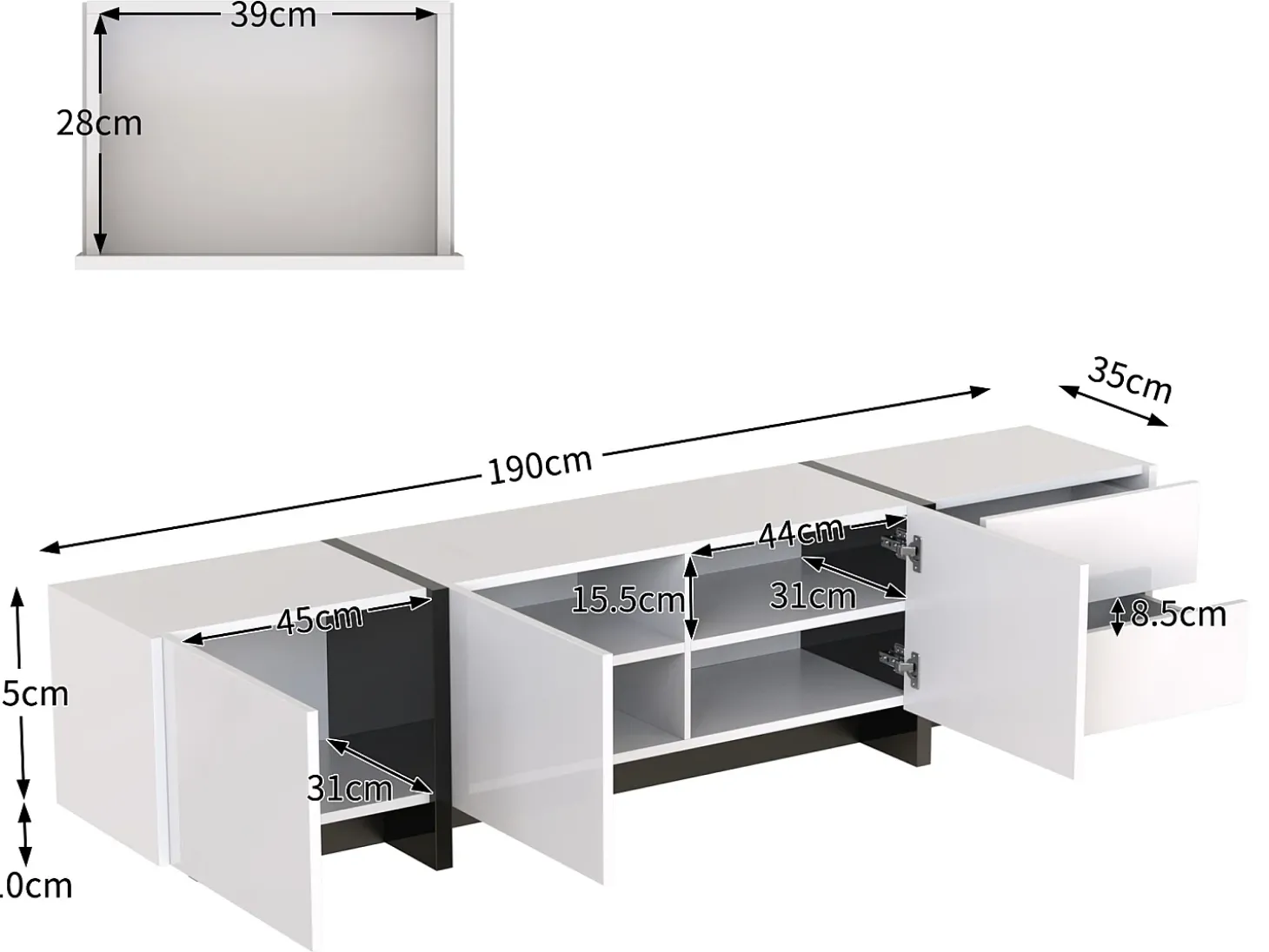 Móvel de TV moderno de 190 cm com 3 portas e 2 gavetas - Branco brilhante e preto