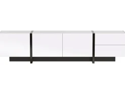 Móvel de TV moderno de 190 cm com 3 portas e 2 gavetas - Branco brilhante e preto