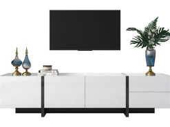 Móvel de TV moderno de 190 cm com 3 portas e 2 gavetas - Branco brilhante e preto
