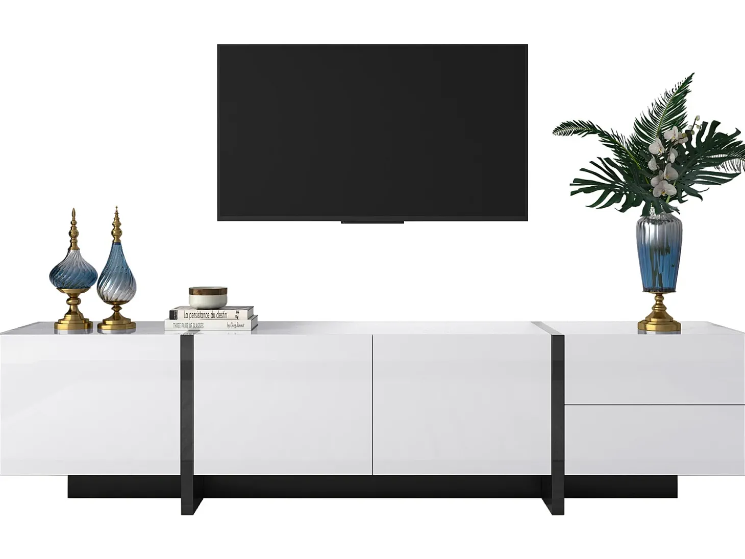 Móvel de TV moderno de 190 cm com 3 portas e 2 gavetas - Branco brilhante e preto
