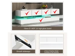 Móvel de TV moderno de parede, com dimensões de 130 x 33 x 15 cm, com LEDs, 2 armários e 4 gavetas, em MDF branco.