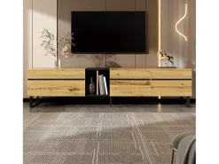 Móvel de TV moderno e baixo - 180 x 38 x 45 cm - com 3 portas + prateleiras abertas - aglomerado - cor natural
