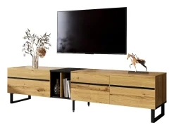 Móvel de TV moderno e baixo - 180 x 38 x 45 cm - com 3 portas + prateleiras abertas - aglomerado - cor natural