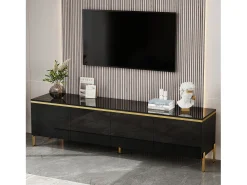 Móvel de TV moderno e brilhante - 170 x 38 x 50 cm - com 4 portas e bordas douradas - aglomerado - preto