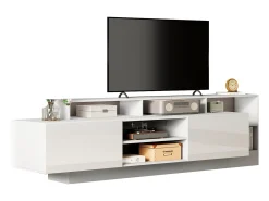 Móvel de TV moderno e brilhante - 190 x 40 x 48,5 cm - com espaço de armazenamento aberto + LEDs + 2 portas - em aglomerado - branco