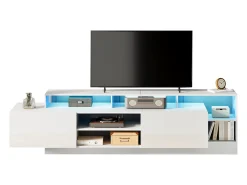 Móvel de TV moderno e brilhante - 190 x 40 x 48,5 cm - com espaço de armazenamento aberto + LEDs + 2 portas - em aglomerado - branco