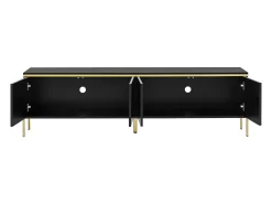 Móvel de TV moderno envernizado brilhante - 170x38x50 cm - 4 portas - Acabamentos dourados - Pés de metal - Preto