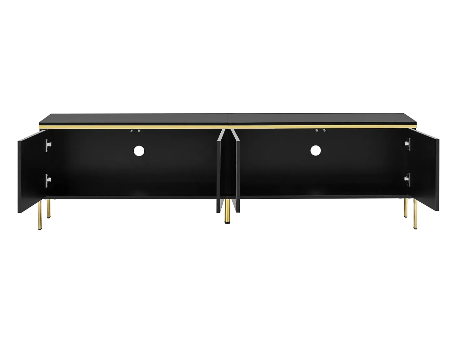 Móvel de TV moderno envernizado brilhante - 170x38x50 cm - 4 portas - Acabamentos dourados - Pés de metal - Preto