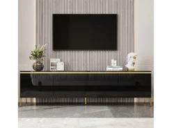 Móvel de TV moderno envernizado brilhante - 170x38x50 cm - 4 portas - Acabamentos dourados - Pés de metal - Preto