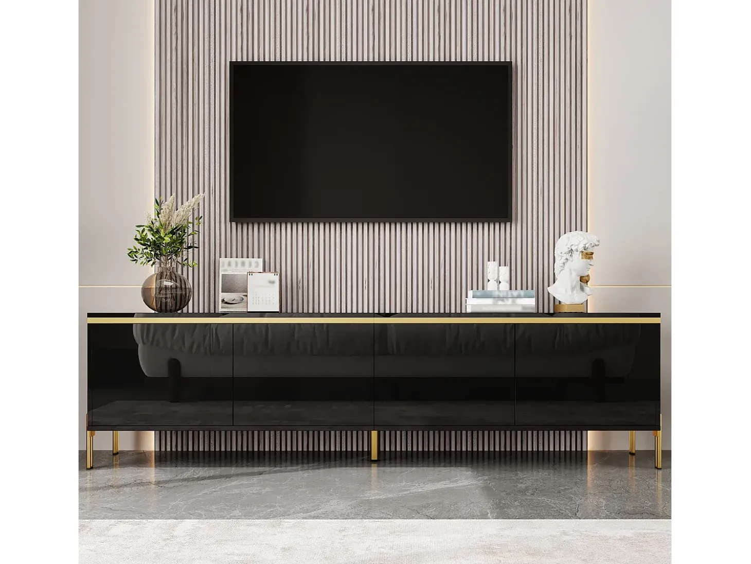 Móvel de TV moderno envernizado brilhante - 170x38x50 cm - 4 portas - Acabamentos dourados - Pés de metal - Preto