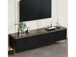 Móvel de TV moderno envernizado brilhante - 170x38x50 cm - 4 portas - Acabamentos dourados - Pés de metal - Preto