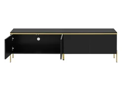 Móvel de TV moderno envernizado brilhante - 170x38x50 cm - 4 portas - Acabamentos dourados - Pés de metal - Preto
