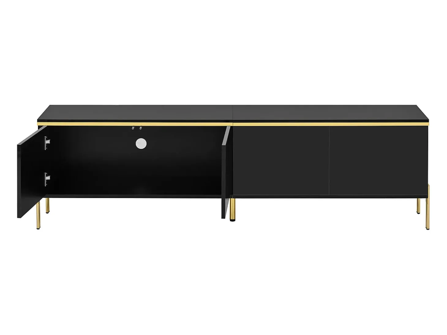 Móvel de TV moderno envernizado brilhante - 170x38x50 cm - 4 portas - Acabamentos dourados - Pés de metal - Preto