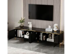 Móvel de TV moderno envernizado brilhante - 170x38x50 cm - 4 portas - Acabamentos dourados - Pés de metal - Preto
