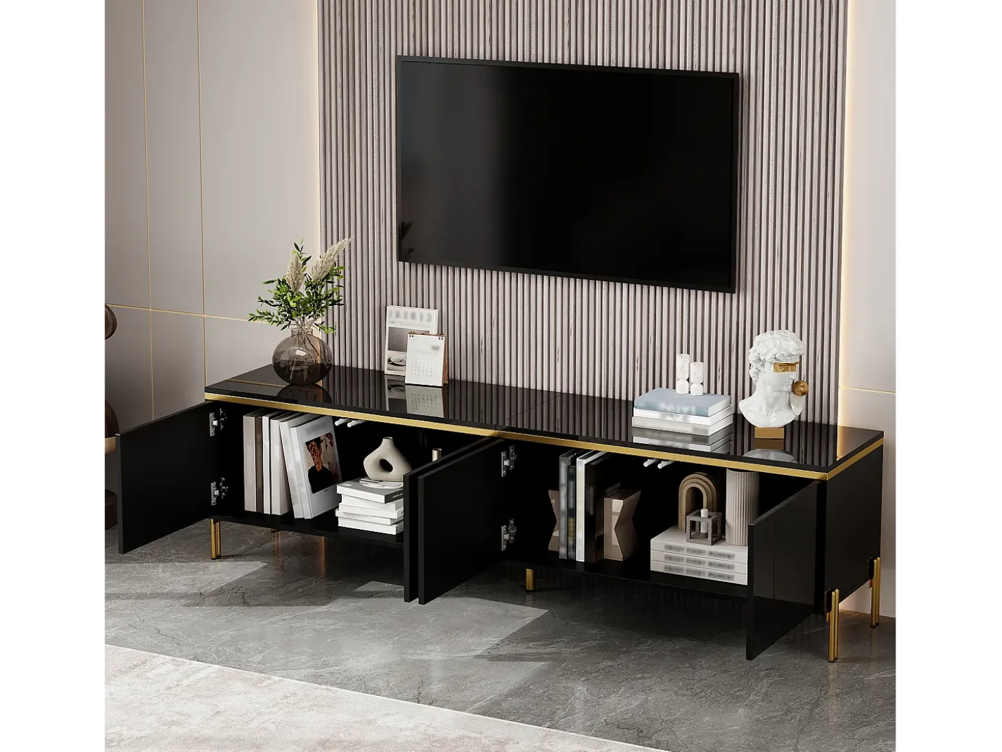 Móvel de TV moderno envernizado brilhante - 170x38x50 cm - 4 portas - Acabamentos dourados - Pés de metal - Preto