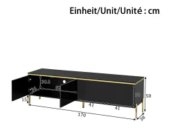 Móvel de TV moderno envernizado brilhante - 170x38x50 cm - 4 portas - Acabamentos dourados - Pés de metal - Preto