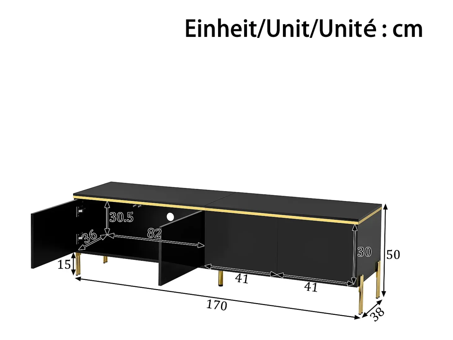 Móvel de TV moderno envernizado brilhante - 170x38x50 cm - 4 portas - Acabamentos dourados - Pés de metal - Preto