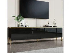Móvel de TV moderno envernizado brilhante - 170x38x50 cm - 4 portas - Acabamentos dourados - Pés de metal - Preto