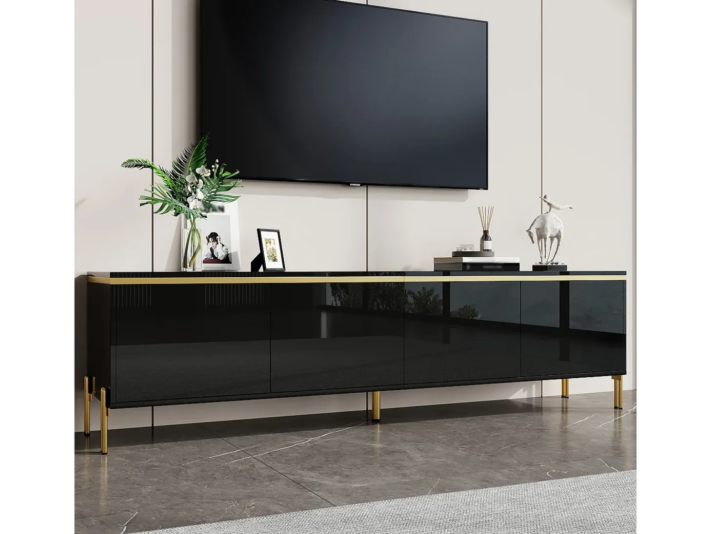Móvel de TV moderno envernizado brilhante - 170x38x50 cm - 4 portas - Acabamentos dourados - Pés de metal - Preto