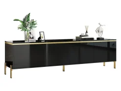 Móvel de TV moderno envernizado brilhante - 170x38x50 cm - 4 portas - Acabamentos dourados - Pés de metal - Preto
