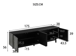 Móvel de TV moderno preto com 4 portas - prateleira ajustável - Preto 175 x 38 x 56 cm