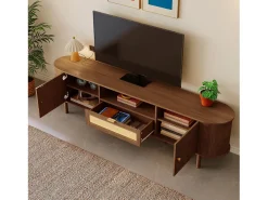 Móvel de TV moderno 175x36x51 cm - 1 gaveta de rattan e 2 portas - Prateleiras abertas - Marrom