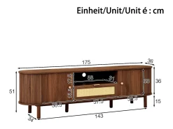 Móvel de TV moderno 175x36x51 cm - 1 gaveta de rattan e 2 portas - Prateleiras abertas - Marrom
