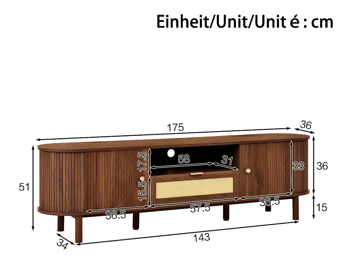 Móvel de TV moderno 175x36x51 cm - 1 gaveta de rattan e 2 portas - Prateleiras abertas - Marrom