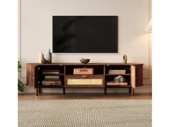 Móvel de TV moderno 175x36x51 cm - 1 gaveta de rattan e 2 portas - Prateleiras abertas - Marrom