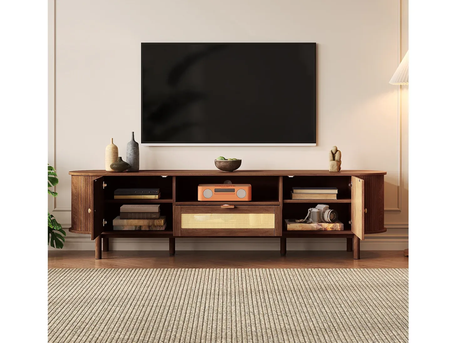 Móvel de TV moderno 175x36x51 cm - 1 gaveta de rattan e 2 portas - Prateleiras abertas - Marrom