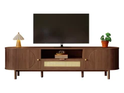 Móvel de TV moderno 175x36x51 cm - 1 gaveta de rattan e 2 portas - Prateleiras abertas - Marrom