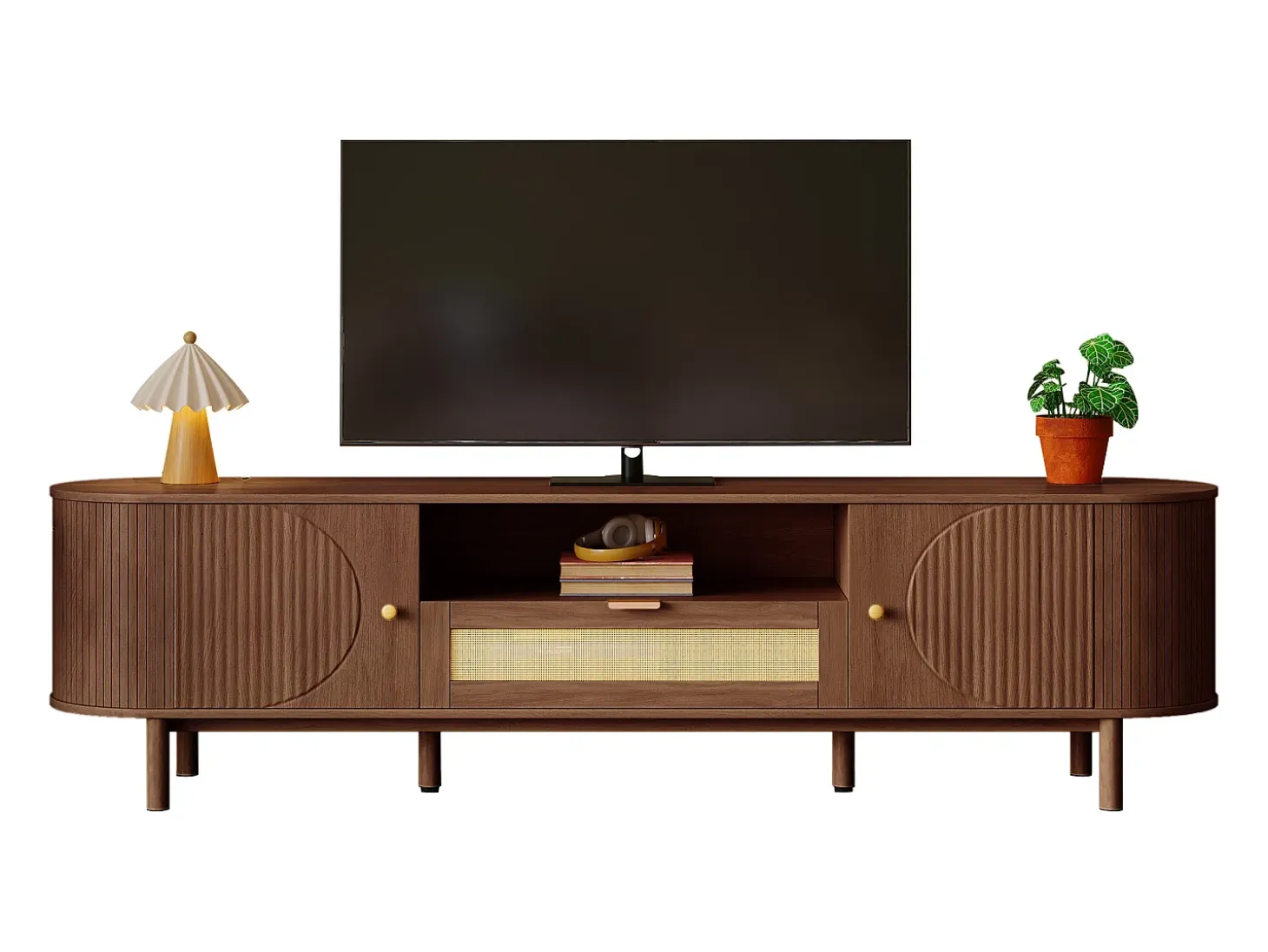 Móvel de TV moderno 175x36x51 cm - 1 gaveta de rattan e 2 portas - Prateleiras abertas - Marrom