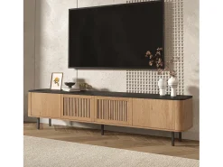 Móvel de TV moderno 190x35x45 cm - 4 portas de persiana - cantos arredondados - pés de ferro - MDF - natural