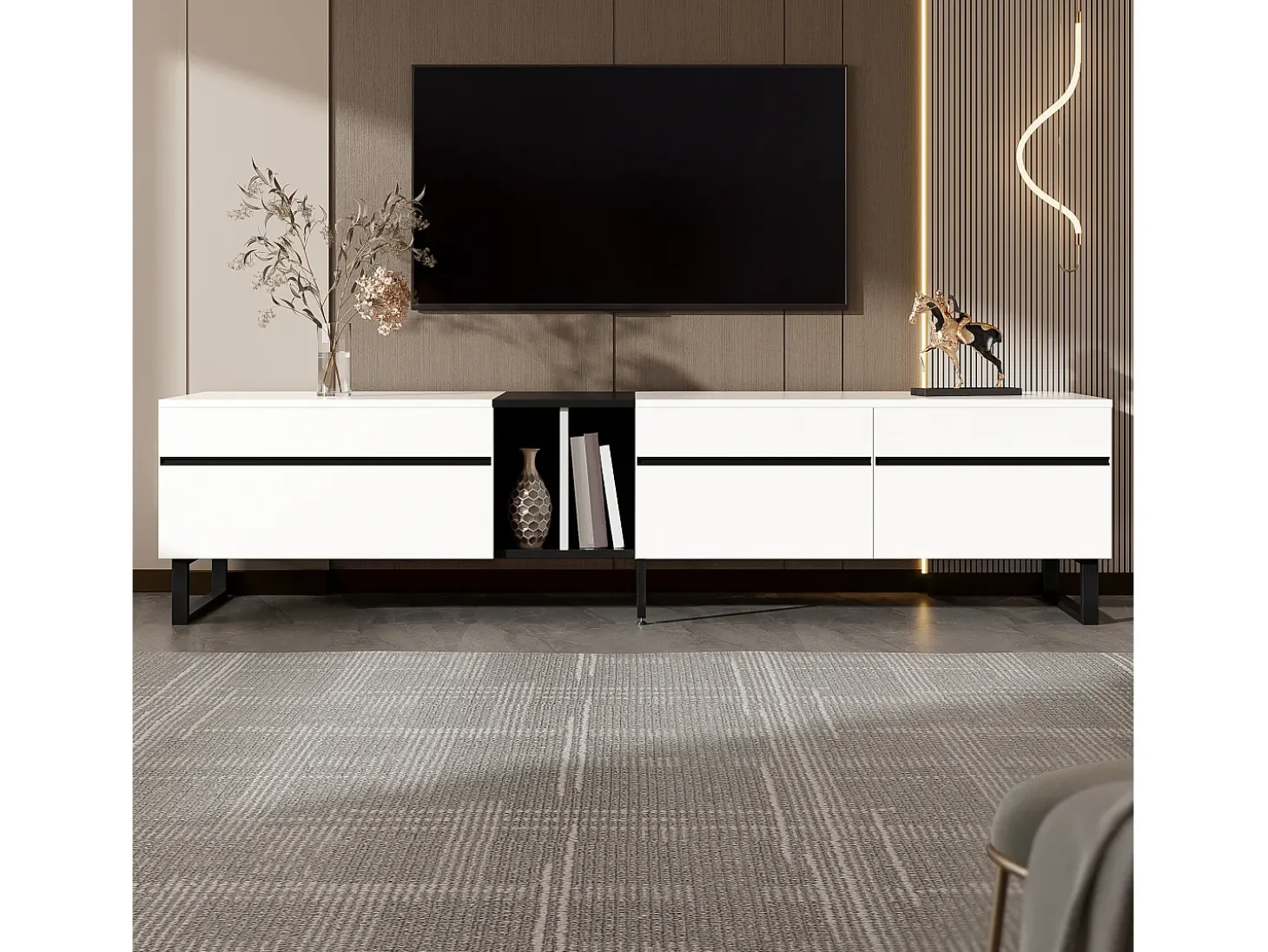 Móvel de TV moderno 180x38x45 cm - 3 portas - com prateleiras abertas - Branco