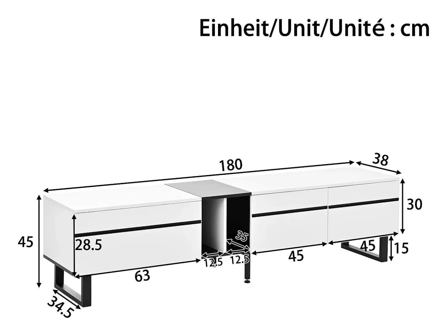 Móvel de TV moderno 180x38x45 cm - 3 portas - com prateleiras abertas - Branco