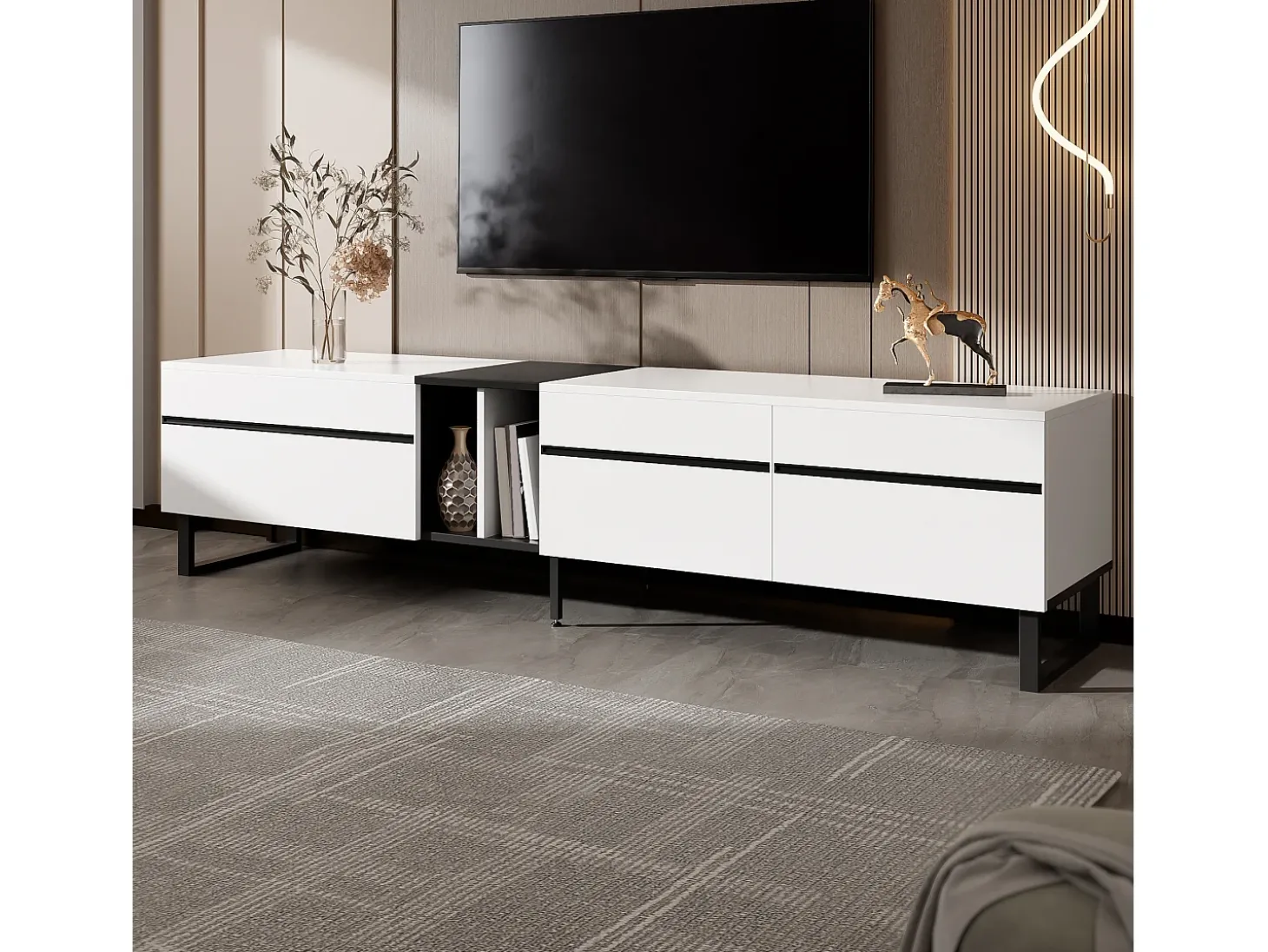 Móvel de TV moderno 180x38x45 cm - 3 portas - com prateleiras abertas - Branco