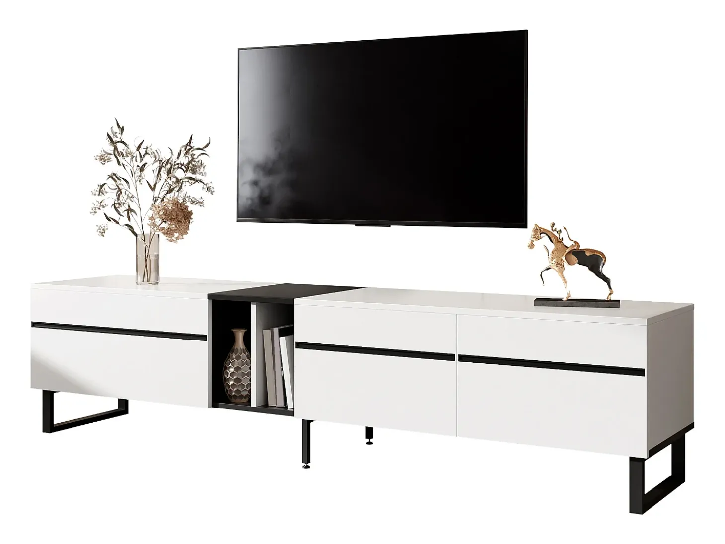 Móvel de TV moderno 180x38x45 cm - 3 portas - com prateleiras abertas - Branco