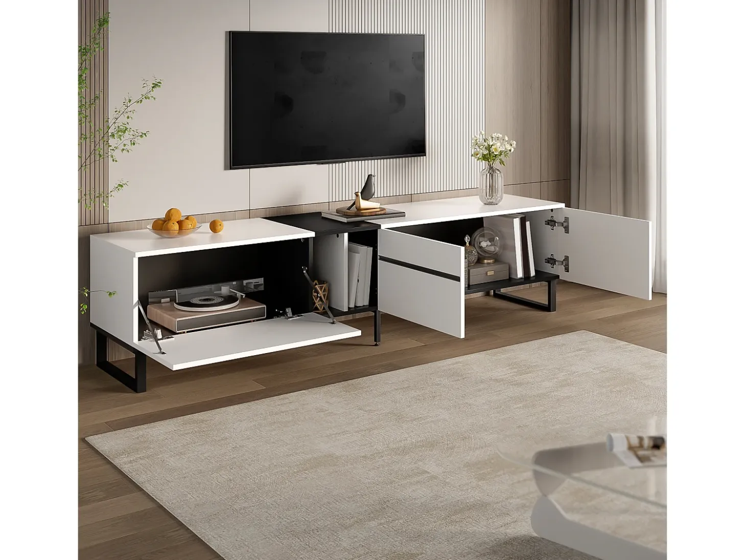 Móvel de TV moderno 180x38x45 cm - 3 portas - com prateleiras abertas - Branco