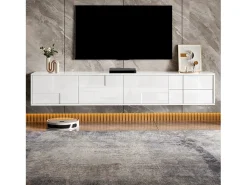 Móvel de TV moderno 170x30x30,5 cm - Fixação de parede ou com pés - Acabamento brilhante - 3 portas e 2 gavetas - Branco