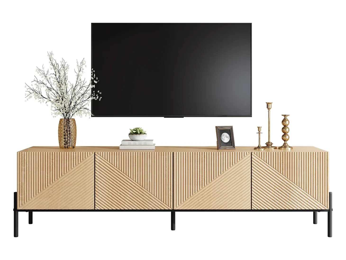 Móvel de TV moderno 163,5x40x45 cm - Armazenamento de 4 portas - Textura 3D - MDF - Natural