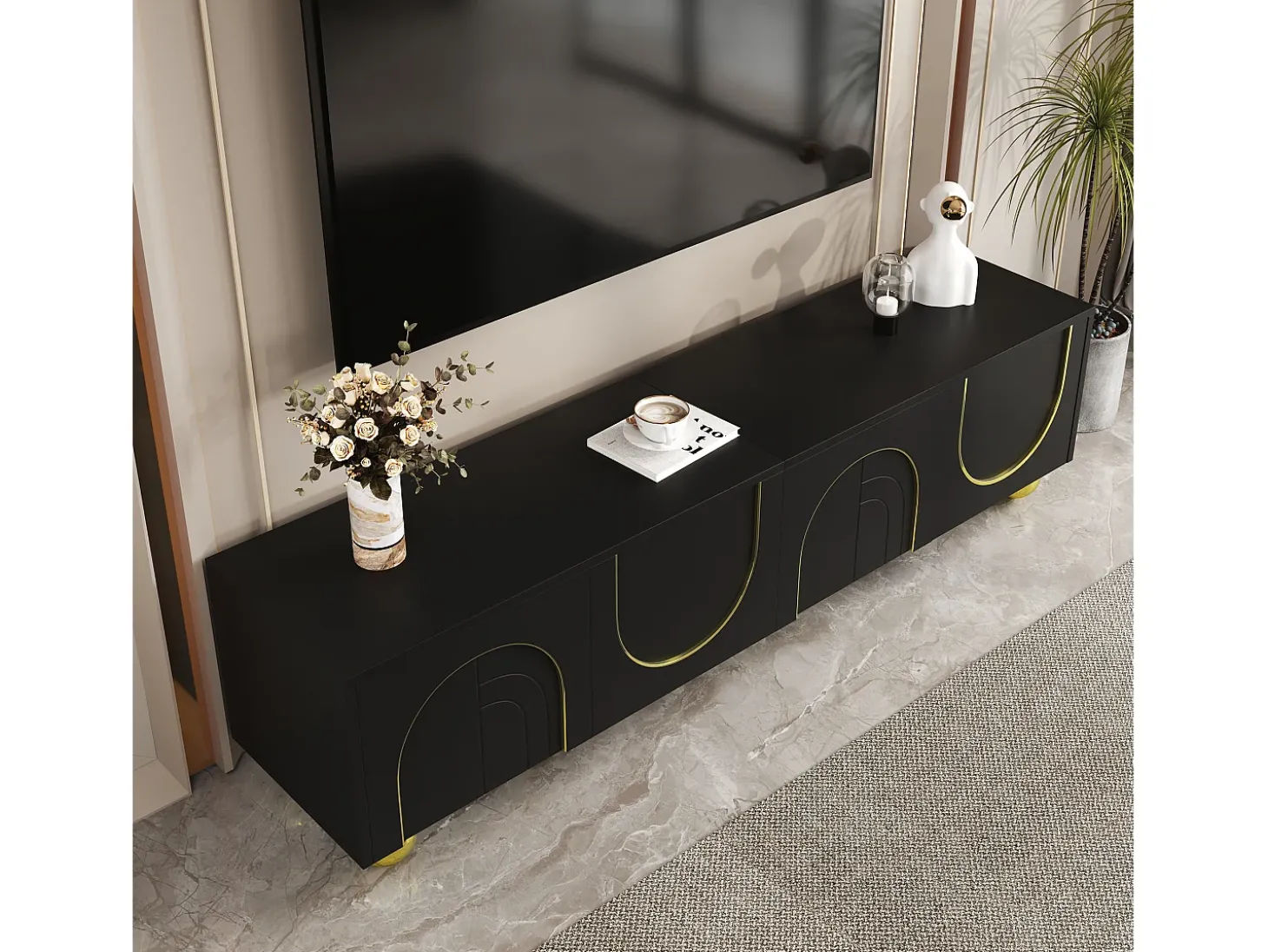 Móvel de TV moderno 170x38x44 cm - com 4 portas texturizadas - borda dourada - pés redondos dourados - preto