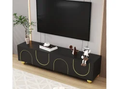 Móvel de TV moderno 170x38x44 cm - com 4 portas texturizadas - borda dourada - pés redondos dourados - preto