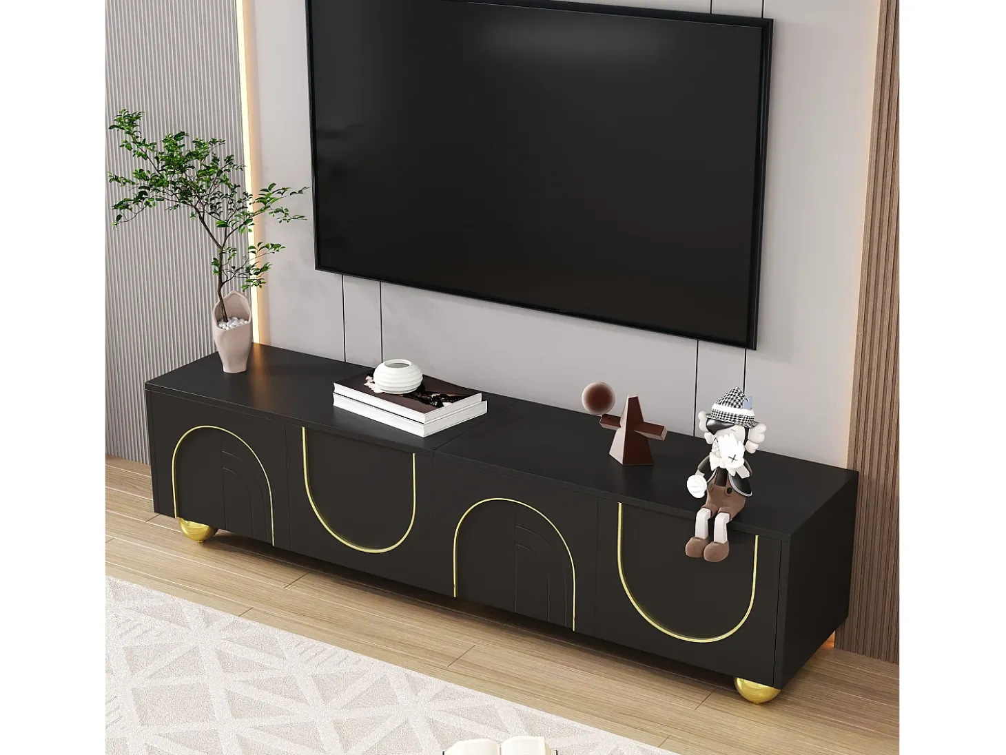 Móvel de TV moderno 170x38x44 cm - com 4 portas texturizadas - borda dourada - pés redondos dourados - preto