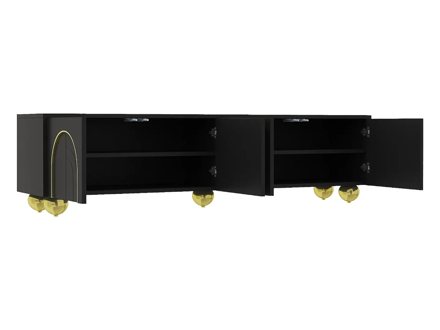 Móvel de TV moderno 170x38x44 cm - com 4 portas texturizadas - borda dourada - pés redondos dourados - preto