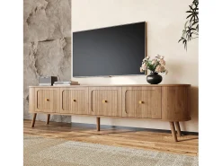 Móvel de TV moderno 180x38x47 cm - 4 portas - puxadores dourados - pés de madeira - natural
