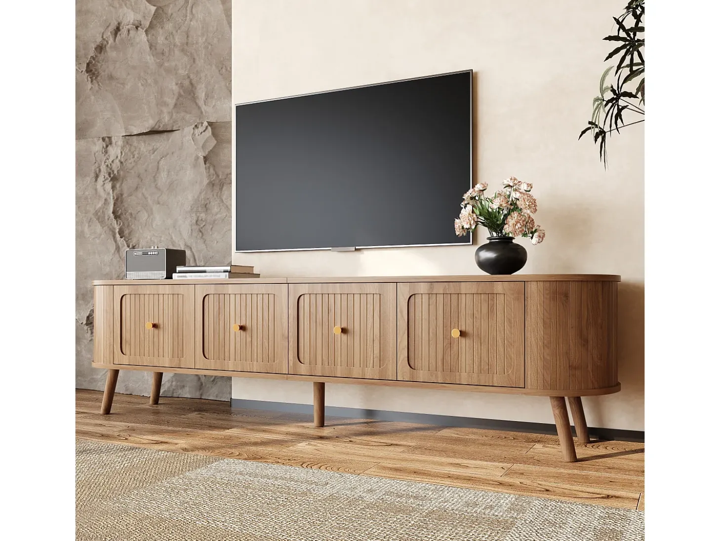 Móvel de TV moderno 180x38x47 cm - 4 portas - puxadores dourados - pés de madeira - natural